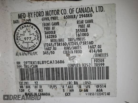 2000 Ford F-150 XL with VIN 2FTRX18L8YCA13686, listed as a Copart auction lot 85730055 with Not provided miles and Clean title. Bid and sale history available at DreamBid. Image 13.