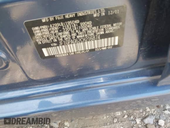 2012 Subaru Impreza Limited с VIN JF1GPAG62CH216874, выставлен на аукционе IAAI как лот 42477431 с пробегом 150 990 миль миль и . История ставок и продаж доступна на DreamBid. Изображение 9.