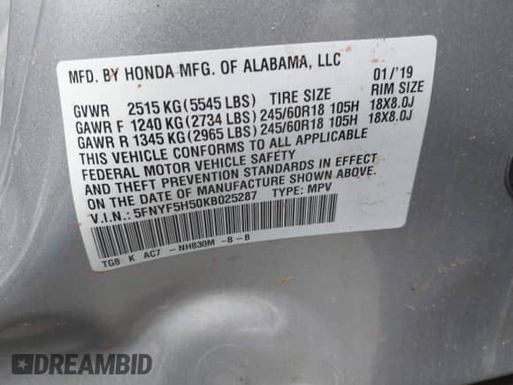 2019 Honda Pilot EX-L with VIN 5FNYF5H50KB025287, listed as a IAAI auction lot 42741655 with Not provided miles and . Bid and sale history available at DreamBid. Image 9.