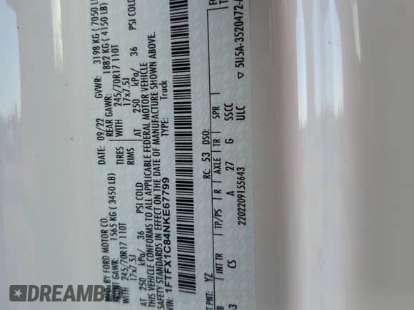 2022 Ford F-150 XL z VIN 1FTFX1C84NKE67799, wystawiony jako Copart lot #79123654 z przebiegiem Nie podano mil oraz Nie do naprawy • Non repairable. Historia ofert i sprzedaży dostępna na DreamBid. Obrazek 14.