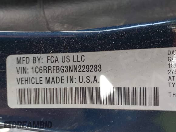 2022 Ram 1500 Big Horn with VIN 1C6RRFBG3NN229283, listed as a IAAI auction lot 42963794 with 60,334 mi miles and . Bid and sale history available at DreamBid. Image 9.