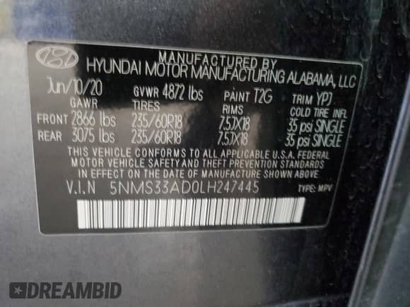 2020 Hyundai Santa Fe SEL с VIN 5NMS33AD0LH247445, выставлен на аукционе Copart как лот 53810125 с пробегом 42 147 миль миль и Списание • Salvage title. История ставок и продаж доступна на DreamBid. Изображение 13.