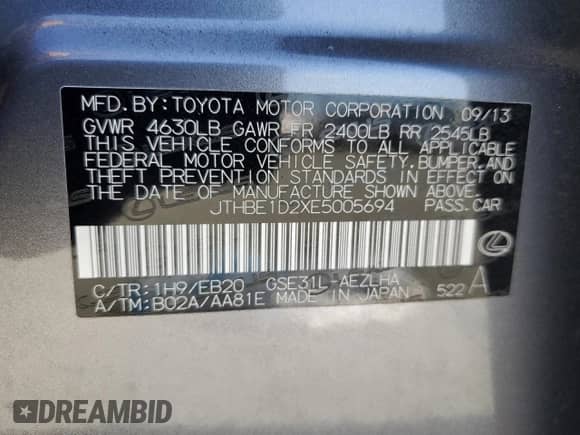 2014 Lexus IS 350 с VIN JTHBE1D2XE5005694, выставлен на аукционе Copart как лот 80833295 с пробегом 159 438 миль миль и Списание • Salvage title. История ставок и продаж доступна на DreamBid. Изображение 12.