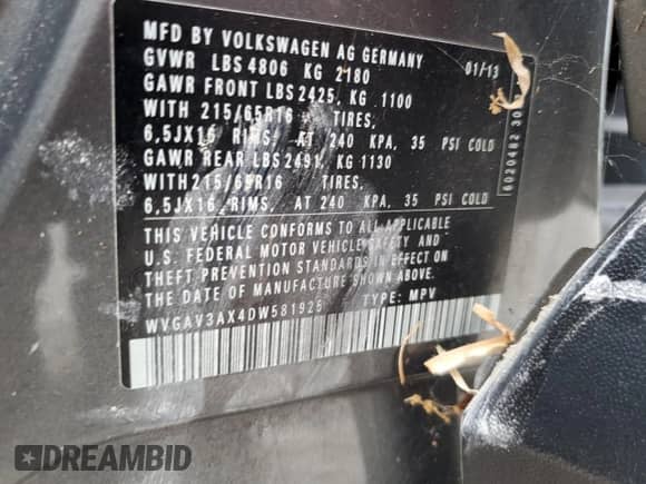 2013 Volkswagen Tiguan SE z VIN WVGAV3AX4DW581925, wystawiony jako Copart lot #55970105 z przebiegiem 115 504 mil mil oraz Czysty tytuł • Clean title. Historia ofert i sprzedaży dostępna na DreamBid. Obrazek 12.