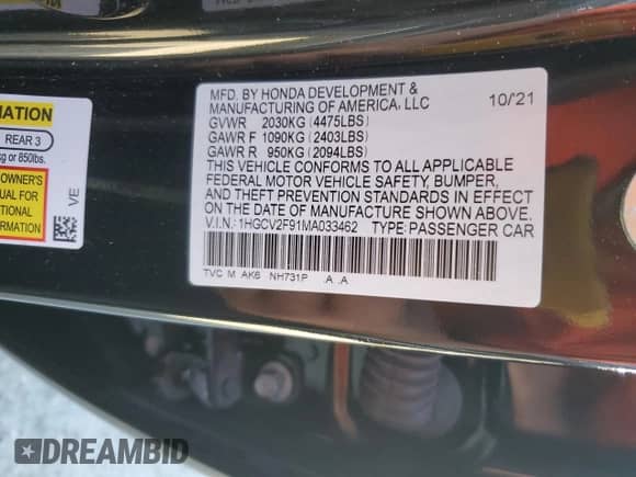 2021 Honda Accord Touring с VIN 1HGCV2F91MA033462, выставлен на аукционе Copart как лот 80457245 с пробегом 72 883 миль миль и Списание • Salvage title. История ставок и продаж доступна на DreamBid. Изображение 13.