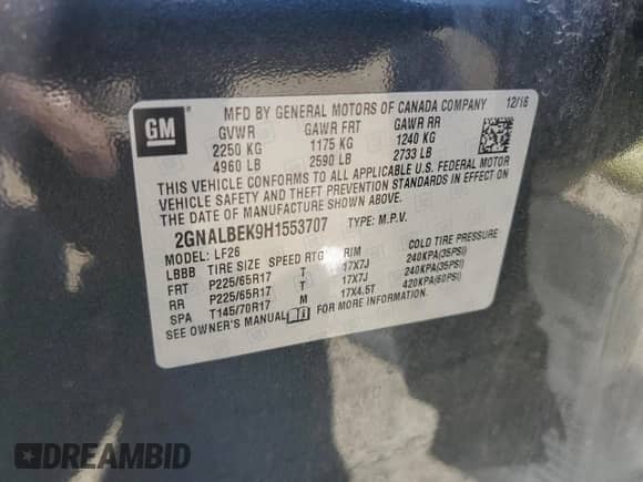 2017 Chevrolet Equinox LS z VIN 2GNALBEK9H1553707, wystawiony jako Copart lot #70203295 z przebiegiem 80 293 mil mil oraz Szkoda całkowita • Salvage title. Historia ofert i sprzedaży dostępna na DreamBid. Obrazek 13.