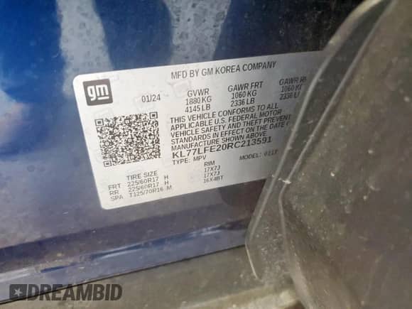 2024 Chevrolet Trax LS z VIN KL77LFE20RC213591, wystawiony jako Copart lot #84051075 z przebiegiem 24 416 mil mil oraz Czysty tytuł • Clean title. Historia ofert i sprzedaży dostępna na DreamBid. Obrazek 12.