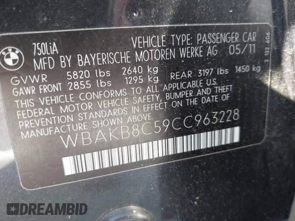 2012 BMW 7 Series 750Li с VIN WBAKB8C59CC963228, выставлен на аукционе IAAI как лот 42625772 с пробегом 136 751 миль миль и . История ставок и продаж доступна на DreamBid. Изображение 9.