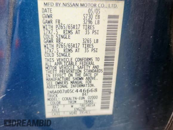 2005 Nissan Frontier SE с VIN 1N6AD07U05C446668, выставлен на аукционе Copart как лот 69825405 с пробегом 224 735 миль миль и Списание • Salvage title. История ставок и продаж доступна на DreamBid. Изображение 12.