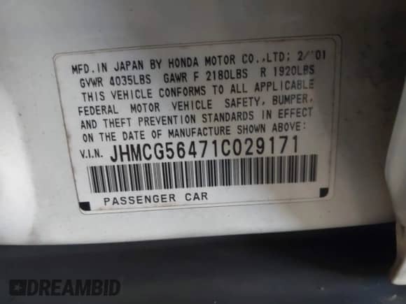 2001 Honda Accord LX with VIN JHMCG56471C029171, listed as a IAAI auction lot 43013226 with 217,224 mi miles and . Bid and sale history available at DreamBid. Image 9.