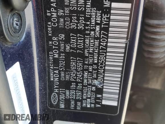 2011 Hyundai Veracruz GLS с VIN KM8NU4CC5BU174077, выставлен на аукционе Copart как лот 70654905 с пробегом Не указан миль и Списание • Salvage title. История ставок и продаж доступна на DreamBid. Изображение 13.