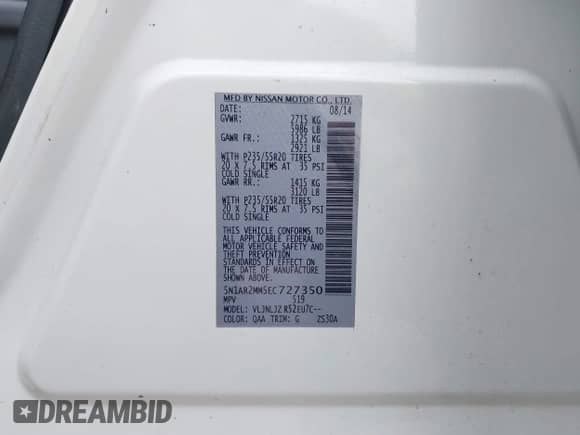 2014 Nissan Pathfinder SL with VIN 5N1AR2MM5EC727350, listed as a IAAI auction lot 43003553 with 131,867 mi miles and . Bid and sale history available at DreamBid. Image 9.