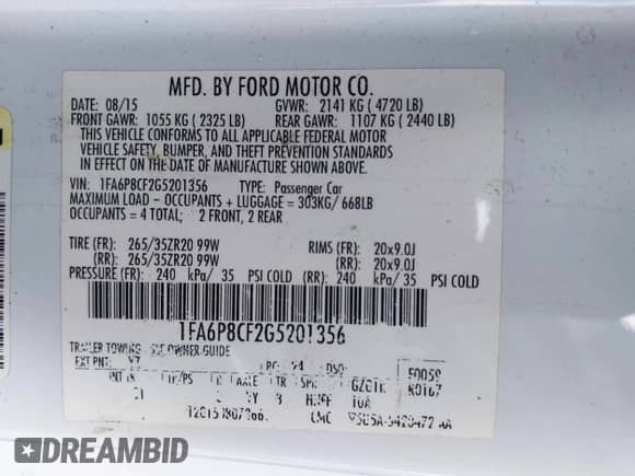 2016 Ford Mustang GT Premium with VIN 1FA6P8CF2G5201356, listed as a IAAI auction lot 43303193 with 77,026 mi miles and . Bid and sale history available at DreamBid. Image 9.