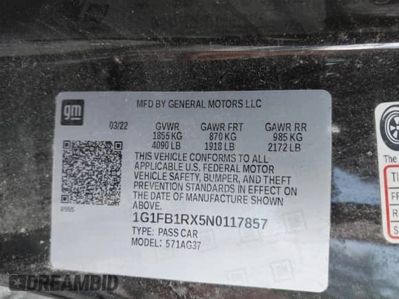 2022 Chevrolet Camaro 1LT with VIN 1G1FB1RX5N0117857, listed as a IAAI auction lot 42695761 with Not provided miles and . Bid and sale history available at DreamBid. Image 9.