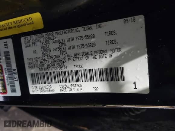 2019 Toyota Tundra SR5 with VIN 5TFAY5F17KX790174, listed as a IAAI auction lot 41556802 with 95,058 mi miles and . Bid and sale history available at DreamBid. Image 9.