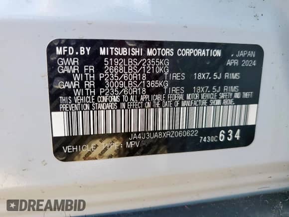 2024 Mitsubishi Outlander ES с VIN JA4J3UA8XRZ060622, выставлен на аукционе Copart как лот 68718865 с пробегом 7 164 миль миль и Чистый • Clean title. История ставок и продаж доступна на DreamBid. Изображение 16.
