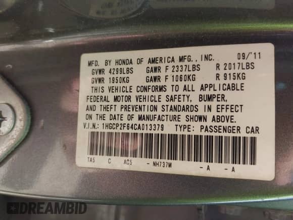 2012 Honda Accord SE z VIN 1HGCP2F64CA013379, wystawiony jako IAAI lot #43409288 z przebiegiem 260 395 mil mil oraz . Historia ofert i sprzedaży dostępna na DreamBid. Obrazek 9.