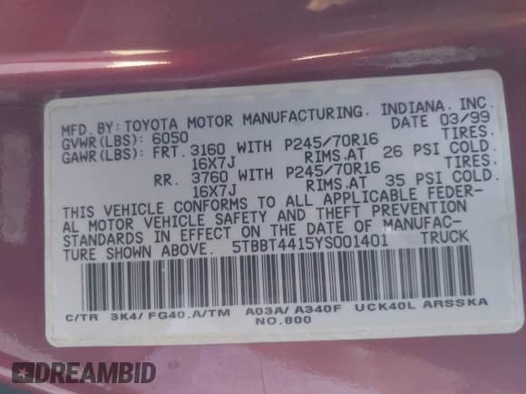 2000 Toyota Tundra SR5 с VIN 5TBBT4415YS001401, выставлен на аукционе IAAI как лот 43387080 с пробегом 252 174 миль миль и . История ставок и продаж доступна на DreamBid. Изображение 9.