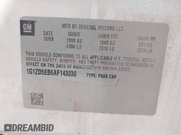 2010 Chevrolet Malibu 2LT z VIN 1G1ZD5EB6AF143030, wystawiony jako IAAI lot #43394355 z przebiegiem 112 558 mil mil oraz . Historia ofert i sprzedaży dostępna na DreamBid. Obrazek 9.