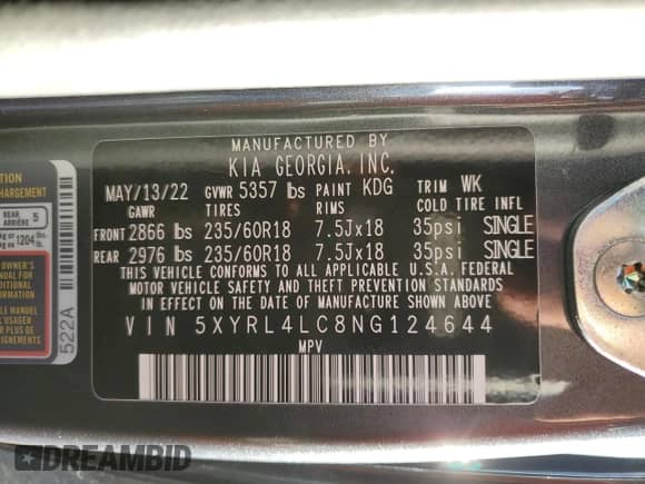 2022 Kia Sorento S с VIN 5XYRL4LC8NG124644, выставлен на аукционе Copart как лот 85728955 с пробегом 39 566 миль миль и Списание • Salvage title. История ставок и продаж доступна на DreamBid. Изображение 13.