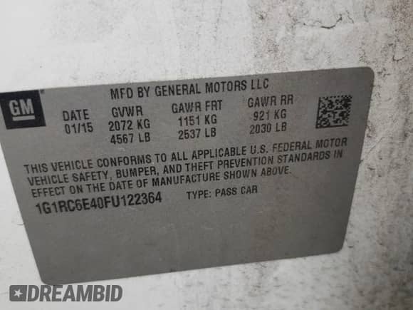 2015 Chevrolet Volt with VIN 1G1RC6E40FU122364, listed as a Copart auction lot 70713783 with 169,744 mi miles and . Bid and sale history available at DreamBid. Image 12.