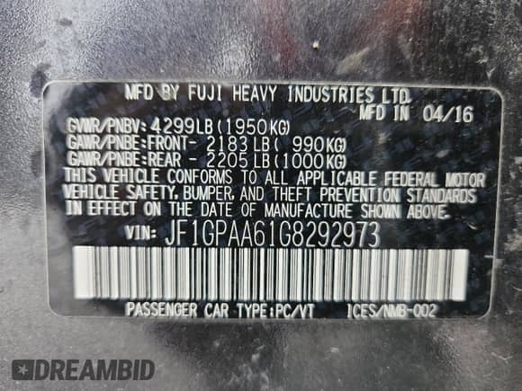 2016 Subaru Impreza 2.0i с VIN JF1GPAA61G8292973, выставлен на аукционе Copart как лот 81469255 с пробегом 115 507 миль миль и На запчасти • Non repairable. История ставок и продаж доступна на DreamBid. Изображение 13.