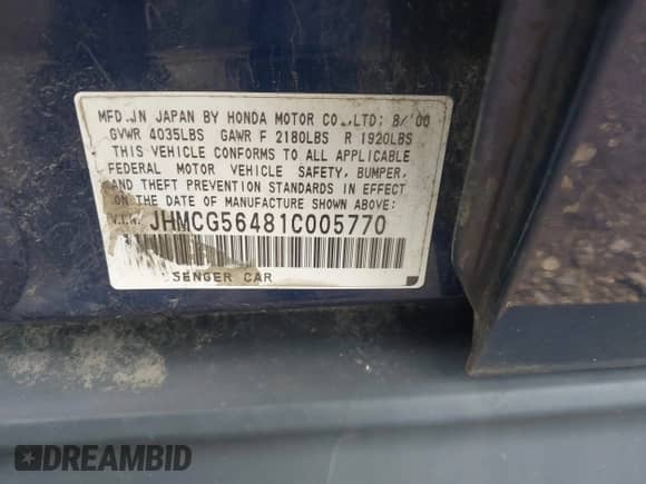 2001 Honda Accord LX with VIN JHMCG56481C005770, listed as a IAAI auction lot 42679889 with 219,186 mi miles and . Bid and sale history available at DreamBid. Image 9.