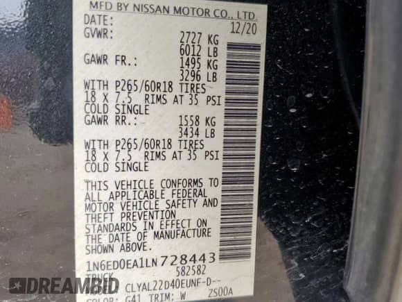 2020 Nissan Frontier SV with VIN 1N6ED0EA1LN728443, listed as a Copart auction lot 60755985 with 113,788 mi miles and Salvage title. Bid and sale history available at DreamBid. Image 12.