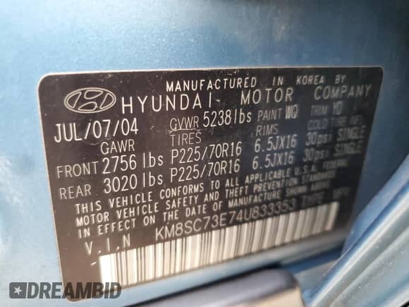 2004 Hyundai Santa Fe GLS с VIN KM8SC73E74U833353, выставлен на аукционе Copart как лот 76123274 с пробегом 115 309 миль миль и Списание • Salvage title. История ставок и продаж доступна на DreamBid. Изображение 14.