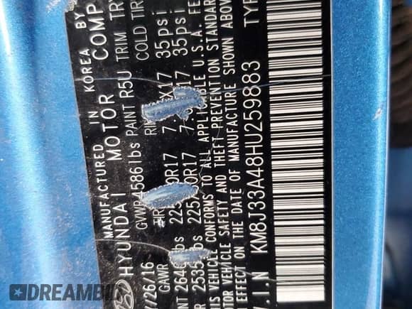 2017 Hyundai Tucson SE z VIN KM8J33A48HU259883, wystawiony jako Copart lot #86173945 z przebiegiem 100 830 mil mil oraz Szkoda całkowita • Salvage title. Historia ofert i sprzedaży dostępna na DreamBid. Obrazek 12.