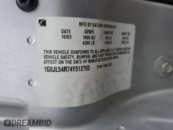 2004 Saturn L with VIN 1G8JL54R74Y512793, listed as a Copart auction lot 58732765 with 271,776 mi miles and Salvage title. Bid and sale history available at DreamBid. Image 12.