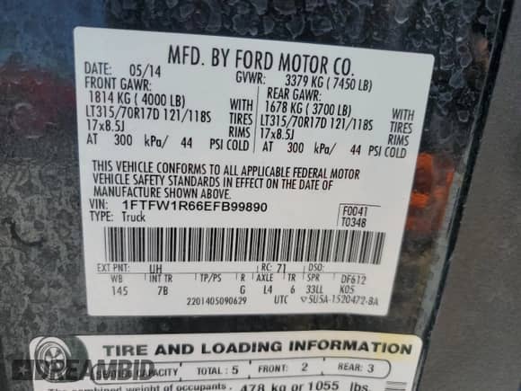 2014 Ford F-150 SVT Raptor z VIN 1FTFW1R66EFB99890, wystawiony jako Copart lot #65085095 z przebiegiem Nie podano mil oraz Szkoda całkowita • Salvage title. Historia ofert i sprzedaży dostępna na DreamBid. Obrazek 12.