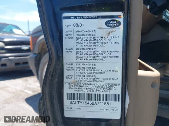 2002 Land Rover Discovery Cloth with VIN SALTY15452A741581, listed as a IAAI auction lot 42775025 with Not provided miles and . Bid and sale history available at DreamBid. Image 9.