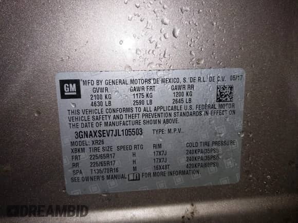 2018 Chevrolet Equinox LT с VIN 3GNAXSEV7JL105503, выставлен на аукционе IAAI как лот 43102763 с пробегом 171 421 миль миль и . История ставок и продаж доступна на DreamBid. Изображение 9.
