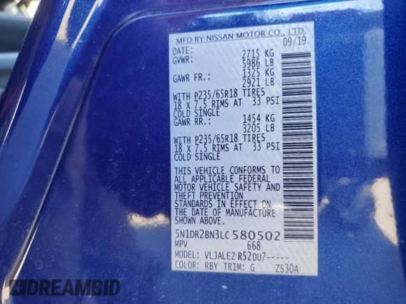 2020 Nissan Pathfinder SV with VIN 5N1DR2BN3LC580502, listed as a Copart auction lot 82286595 with 108,307 mi miles and Salvage title. Bid and sale history available at DreamBid. Image 13.