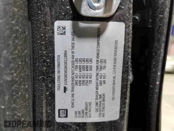 2025 Chevrolet Suburban Z71 с VIN 1GNS6DRD6SR113994, выставлен на аукционе Copart как лот 45117115 с пробегом 1 980 миль миль и Списание • Salvage title. История ставок и продаж доступна на DreamBid. Изображение 14.