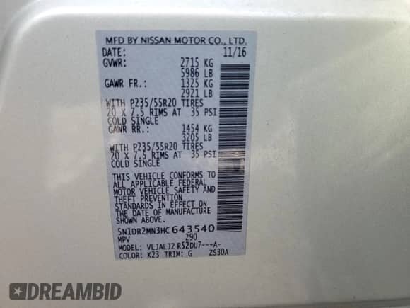 2017 Nissan Pathfinder Platinum with VIN 5N1DR2MN3HC643540, listed as a Copart auction lot 68327325 with 125,391 mi miles and Salvage title. Bid and sale history available at DreamBid. Image 14.