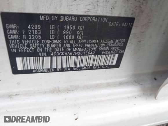 2017 Subaru Impreza with VIN 4S3GKAA67H3615642, listed as a IAAI auction lot 43340912 with 83,551 mi miles and . Bid and sale history available at DreamBid. Image 9.