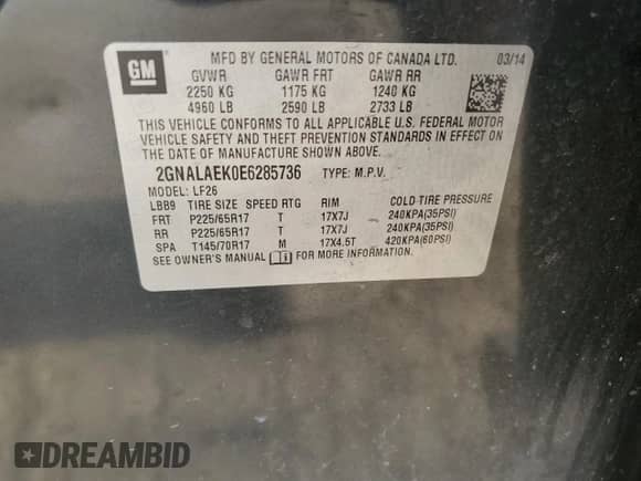 2014 Chevrolet Equinox LS with VIN 2GNALAEK0E6285736, listed as a Copart auction lot 86818455 with 136,192 mi miles and Clean title. Bid and sale history available at DreamBid. Image 13.