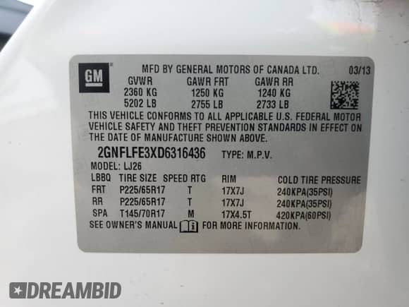 2013 Chevrolet Equinox LTZ с VIN 2GNFLFE3XD6316436, выставлен на аукционе Copart как лот 54166085 с пробегом 129 313 миль миль и Списание • Salvage title. История ставок и продаж доступна на DreamBid. Изображение 13.