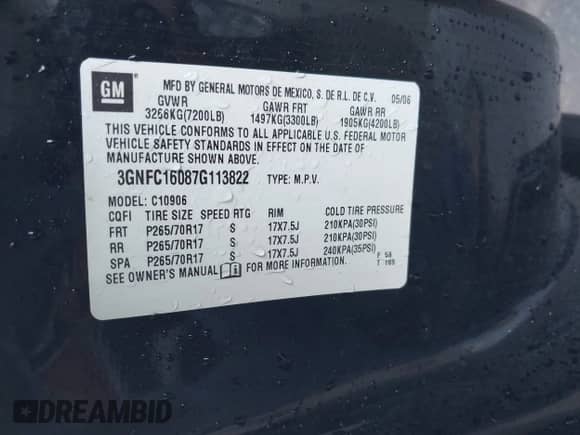 2007 Chevrolet Suburban LT with VIN 3GNFC16087G113822, listed as a IAAI auction lot 43353180 with 269,106 mi miles and . Bid and sale history available at DreamBid. Image 9.