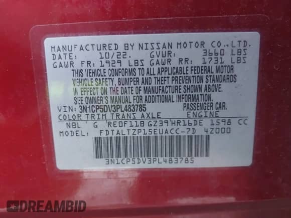 2023 Nissan Kicks SR with VIN 3N1CP5DV3PL483785, listed as a IAAI auction lot 43151002 with 46,331 mi miles and . Bid and sale history available at DreamBid. Image 9.