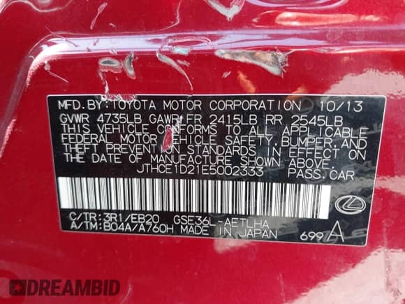 2014 Lexus IS 350 с VIN JTHCE1D21E5002333, выставлен на аукционе IAAI как лот 42686977 с пробегом Не указан миль и . История ставок и продаж доступна на DreamBid. Изображение 9.