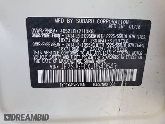 2018 Subaru Forester Premium with VIN JF2SJGECXJH540543, listed as a Copart auction lot 61853795 with 55,366 mi miles and Salvage title. Bid and sale history available at DreamBid. Image 13.