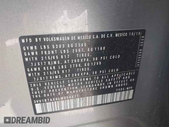 2020 Volkswagen Tiguan S с VIN 3VV1B7AX8LM054877, выставлен на аукционе IAAI как лот 43147566 с пробегом 118 030 миль миль и . История ставок и продаж доступна на DreamBid. Изображение 9.