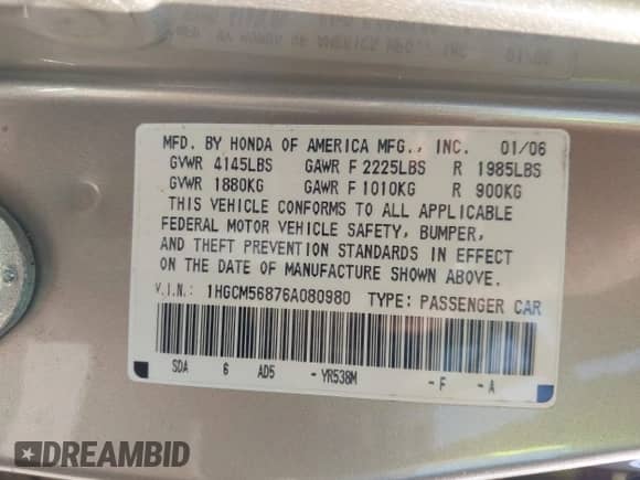 2006 Honda Accord EX-L z VIN 1HGCM56876A080980, wystawiony jako IAAI lot #43191740 z przebiegiem 238 403 mil mil oraz . Historia ofert i sprzedaży dostępna na DreamBid. Obrazek 9.