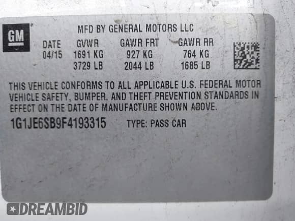 2015 Chevrolet Sonic LTZ with VIN 1G1JE6SB9F4193315, listed as a IAAI auction lot 43279436 with 100,413 mi miles and . Bid and sale history available at DreamBid. Image 9.