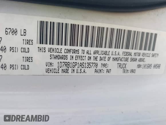 2010 Dodge 1500 SLT with VIN 1D7RB1GP1AS135770, listed as a IAAI auction lot 42357144 with 376,630 mi miles and . Bid and sale history available at DreamBid. Image 9.
