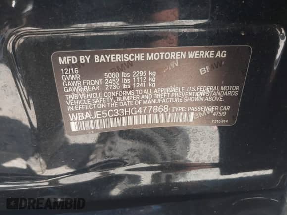 2017 BMW 5 Series 540i с VIN WBAJE5C33HG477868, выставлен на аукционе IAAI как лот 43086108 с пробегом Не указан миль и . История ставок и продаж доступна на DreamBid. Изображение 9.