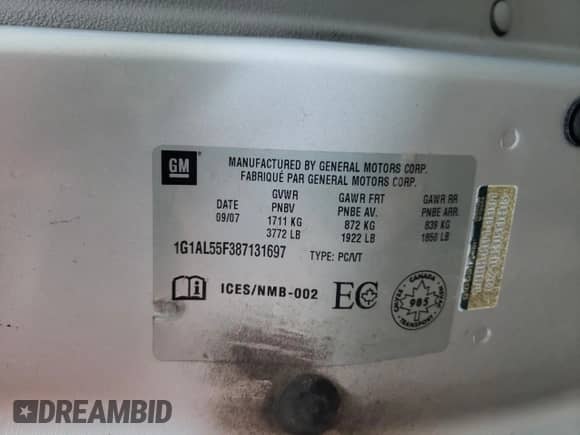 2008 Chevrolet Cobalt LT z VIN 1G1AL55F387131697, wystawiony jako Copart lot #80867215 z przebiegiem Nie podano mil oraz Szkoda całkowita • Salvage title. Historia ofert i sprzedaży dostępna na DreamBid. Obrazek 12.